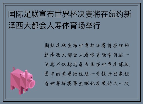 国际足联宣布世界杯决赛将在纽约新泽西大都会人寿体育场举行 国际足联宣布世界杯决赛将在纽约新泽西大都会人寿体育场举行